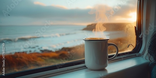 A steaming cup of coffee on a camper's window sill. Generative Ai photo