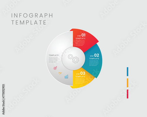 Semicircular pie chart divided into 3 colorful sectors. Concept of three features of startup project to select. Minimal flat infographic vector illustration for business information visualization.