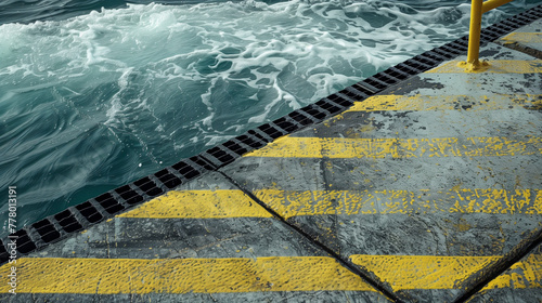 concrete surface with yellow and grey stripes next to choppy water
