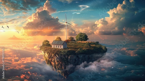 There is an island in a beautiful sky which looks very beautiful, a windmill is running on it, and renewable energy and solar panels are being produced there, .sky island, a fantasy sky-flying island, photo