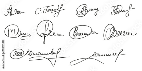 Big Set of Doodle Autograph. Fictitious Signature collection isolated white background. Swirl Signature. Vector illustration can used template for certificate and documents Design. Editable stroke
