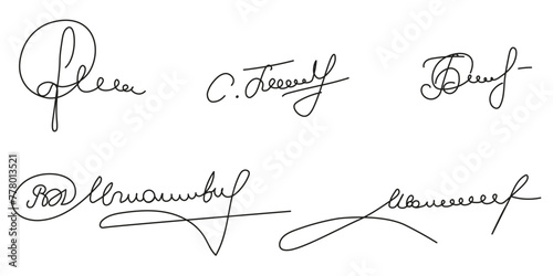 Set of Doodle Fake Autograph. Hand drawn Signature collection isolated white background. Elegance Signature kit. Vector illustration can used template for business contract Design. Editable stroke
