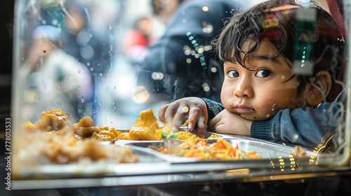 A child looking longingly at food through a window display, highlighting the stark contrast between abundance and scarcity experienced by hungry and poor individuals.