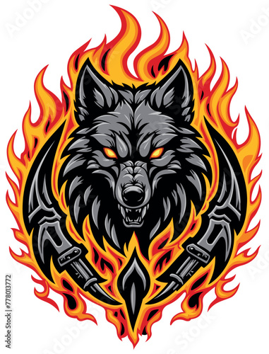 Burning Flames with a Wolfs Head - Colored Illustration or Textile Print Motif Isolated on White Background, Vector
