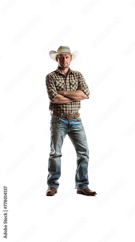 An American farmer wearing a plaid shirt, cowboy hat, and jeans. An American farmer wearing a plaid shirt, cowboy hat, and jeans.