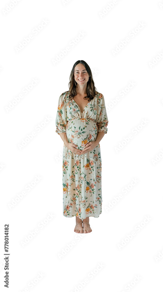 Pregnant woman standing smiling looking at camera Pregnant woman standing smiling looking at camera