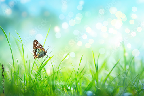 Abstract spring or summer nature background with green grass and butterfly