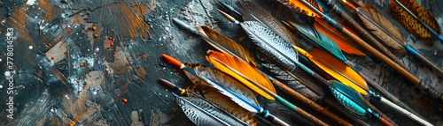 A quiver of arrows, each feathered in a different style, representing various directions and pathways , no grunge, splash, dust photo