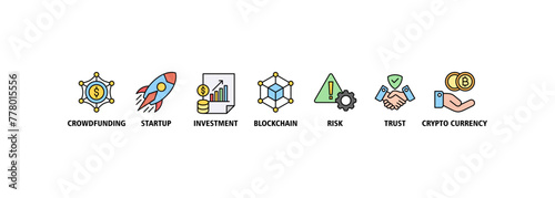 ICO banner web icon vector illustration concept of initial coin offering with icon of crowdfunding, startup, investment, blockchain, risk, trust and cypto currency