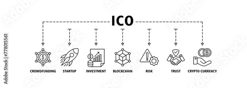 ICO banner web icon vector illustration concept of initial coin offering with icon of crowdfunding, startup, investment, blockchain, risk, trust and cypto currency