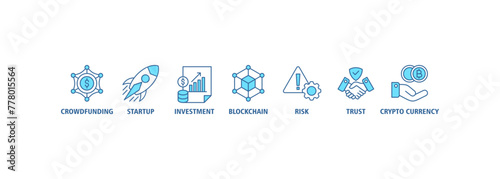 ICO banner web icon vector illustration concept of initial coin offering with icon of crowdfunding, startup, investment, blockchain, risk, trust and cypto currency
