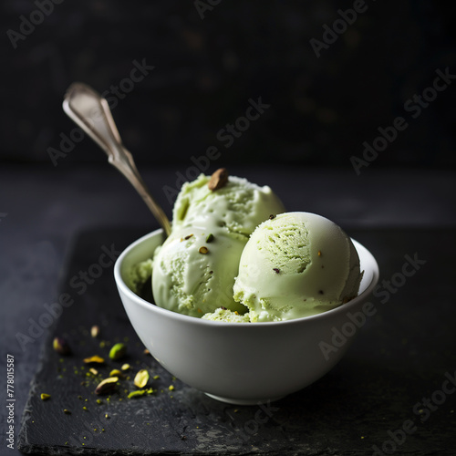 A tabletop shot of a white bowl of ice cream with pistachio sorbet and a spoon in the bowl. It is placed on a piece of slate on a black table.