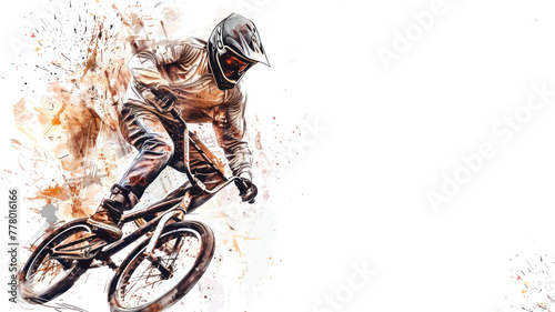 Brown watercolor painting of BMX bicycle motocross player in action