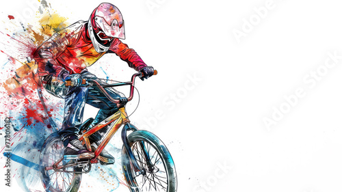 Colorful watercolor painting of BMX bicycle motocross player in action photo