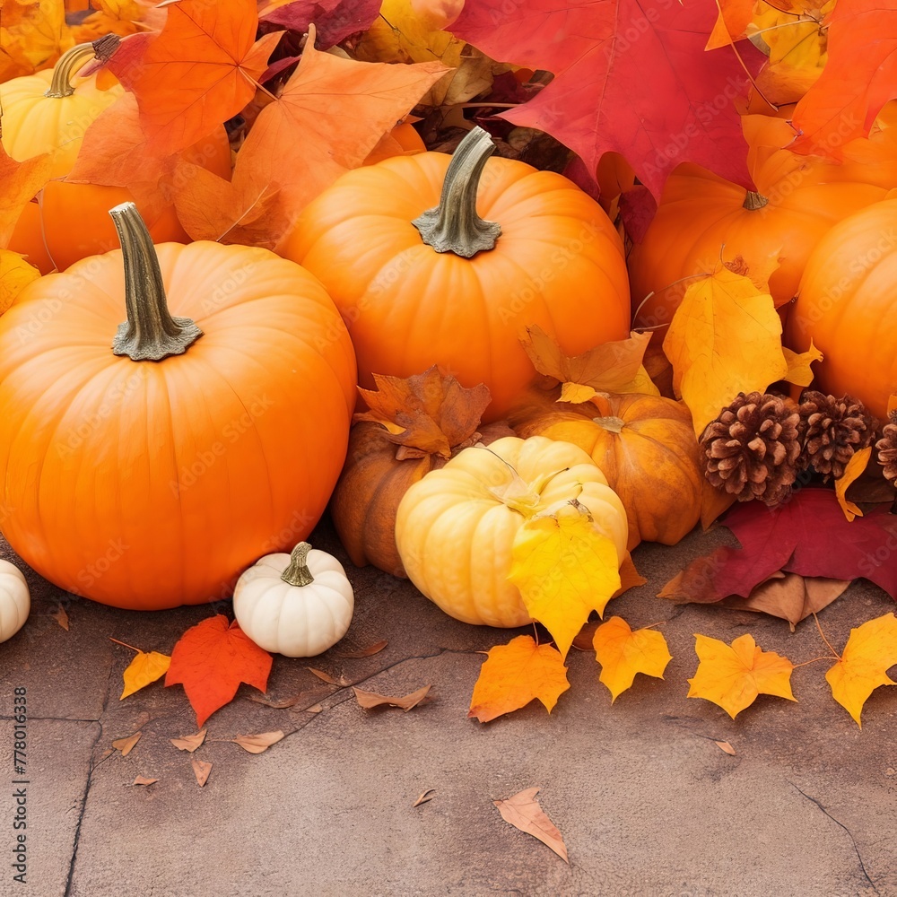 Pumpkins and autumn leaves on a rustic stone background. AI generated Pumpkins and autumn leaves on a rustic stone background. AI generated