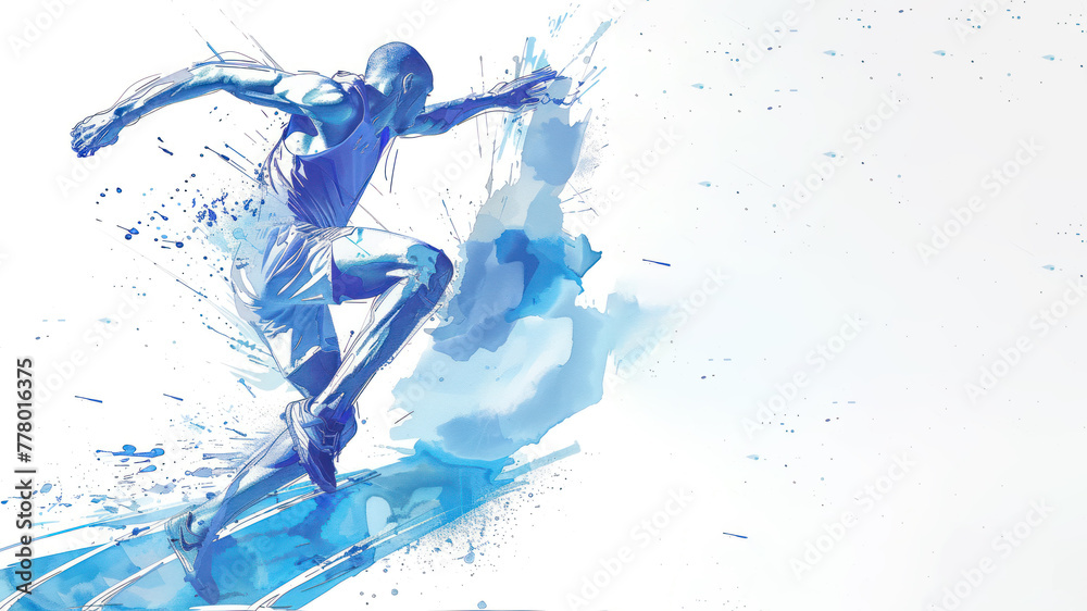 Blue watercolor of athlete doing long jump in athletic game competition Blue watercolor of athlete doing long jump in athletic game competition