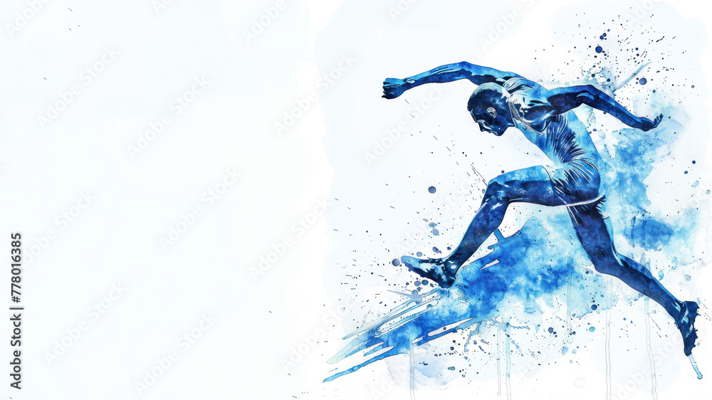 Blue watercolor of athlete doing long jump in athletic game competition