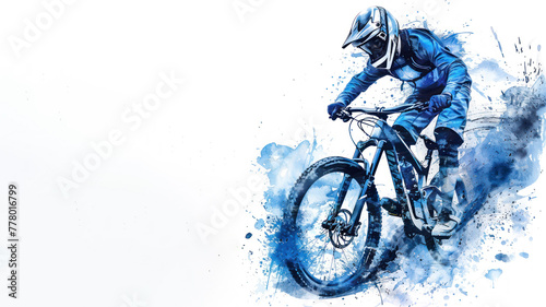 Mountain bike player riding downhill, extreme sport and enduro watercolor