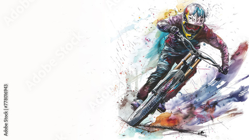 Colorful watercolor of Mountain bike player riding downhill, extreme sport