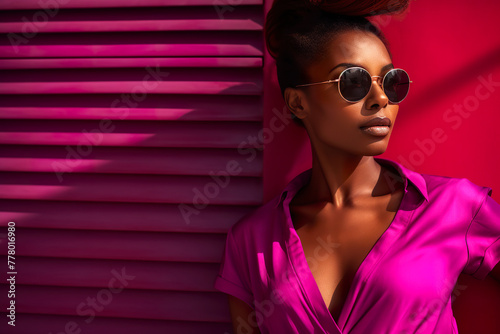 Generative AI image of a stylish woman against a pink backdrop © ADDICTIVE STOCK CORE