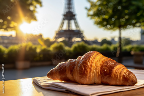 Generative AI illustration of golden croissant on a plate with the Eiffel Tower in the background during a sunny morning