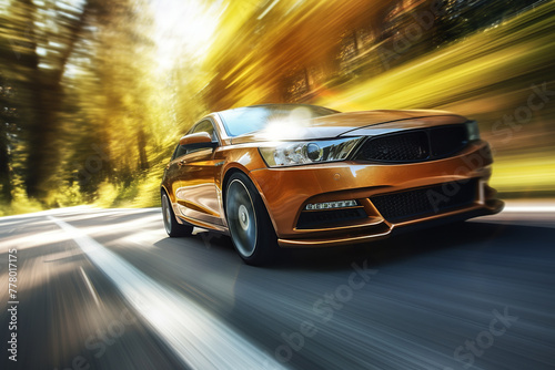 Generative AI illustration of golden coupe car driving at high speed on a forest-lined road with sunlight and motion blur photo