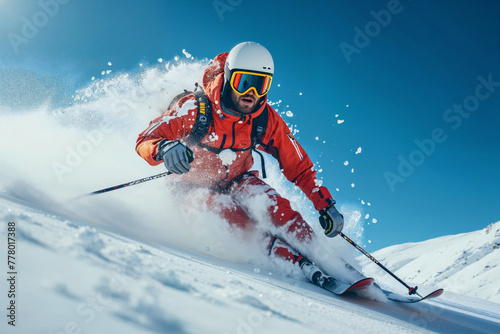 Skier in red carving through fresh powder snow Generative AI image