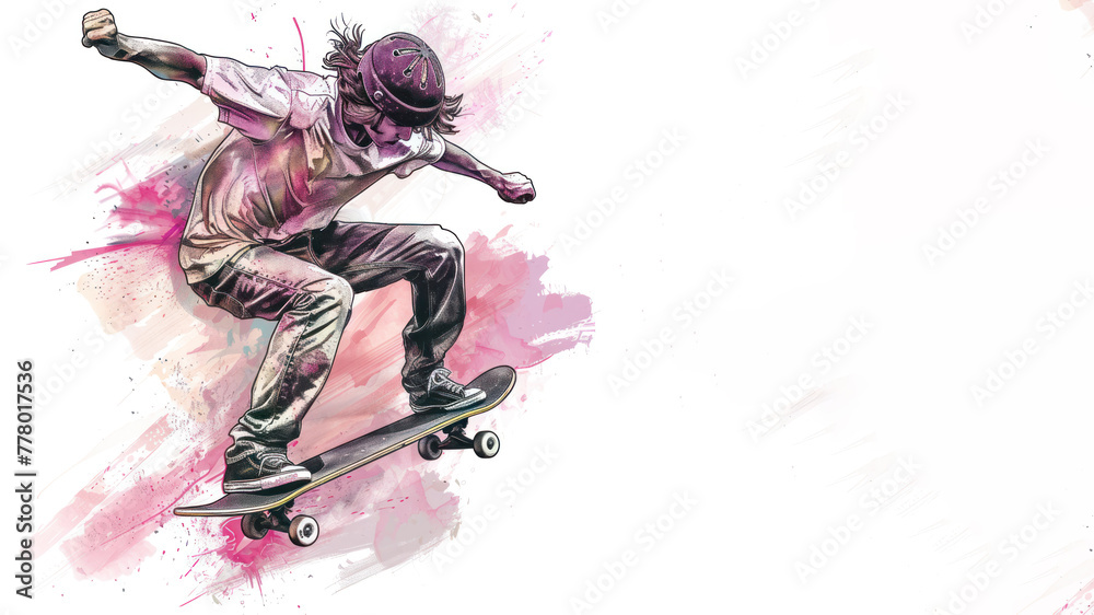 Pink watercolor of skateboard player in action performing trick