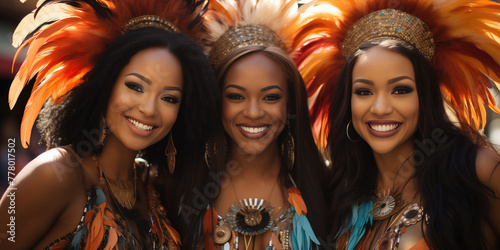 Generative AI illustration of festival vibrancy with black women adorned in ornate carnival attire and feathers on head, smiling and enjoying while looking at camera