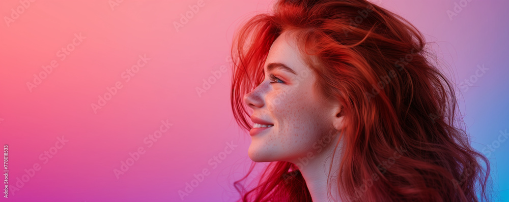 Profile of a smiling woman with vibrant hair color.