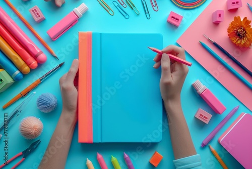 Notebook surrounded by art supplies  capturing the creative process of a teenager  with a vibrant gradient background   3d illustrate  gradient styles