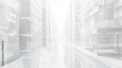3D render of abstract background with white grid and glass buildings. 
