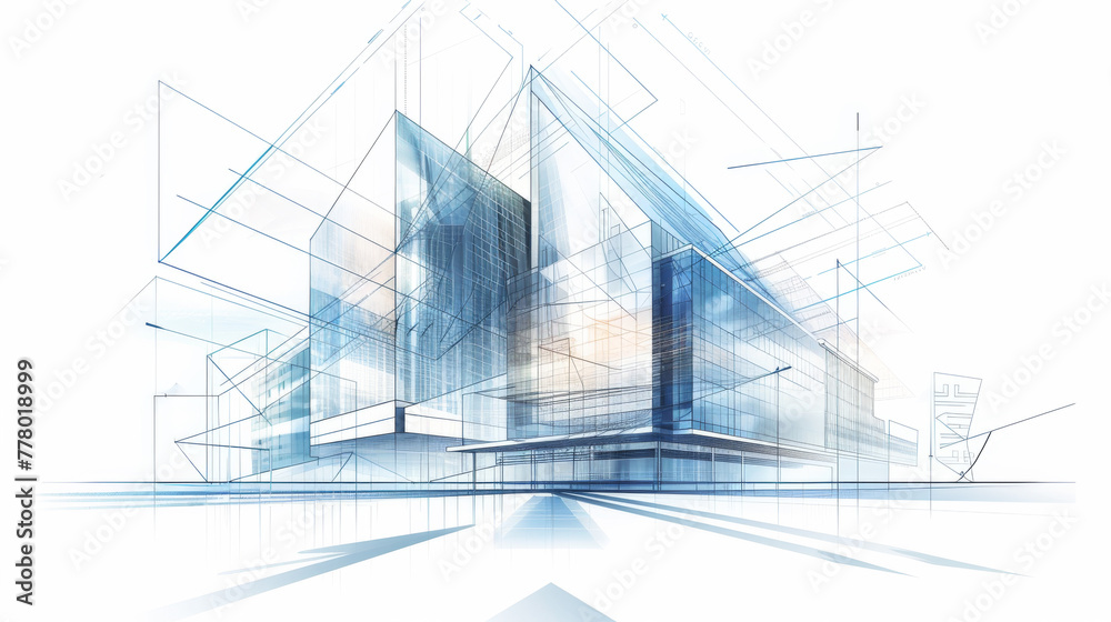 A digital illustration of two modern buildings, one on the left and another to its right, representing an architectural design with blue lines. 