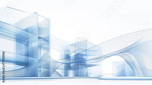 A digital rendering shows two buildings  one on the left and another to its right  in light blue against an isolated white background. 