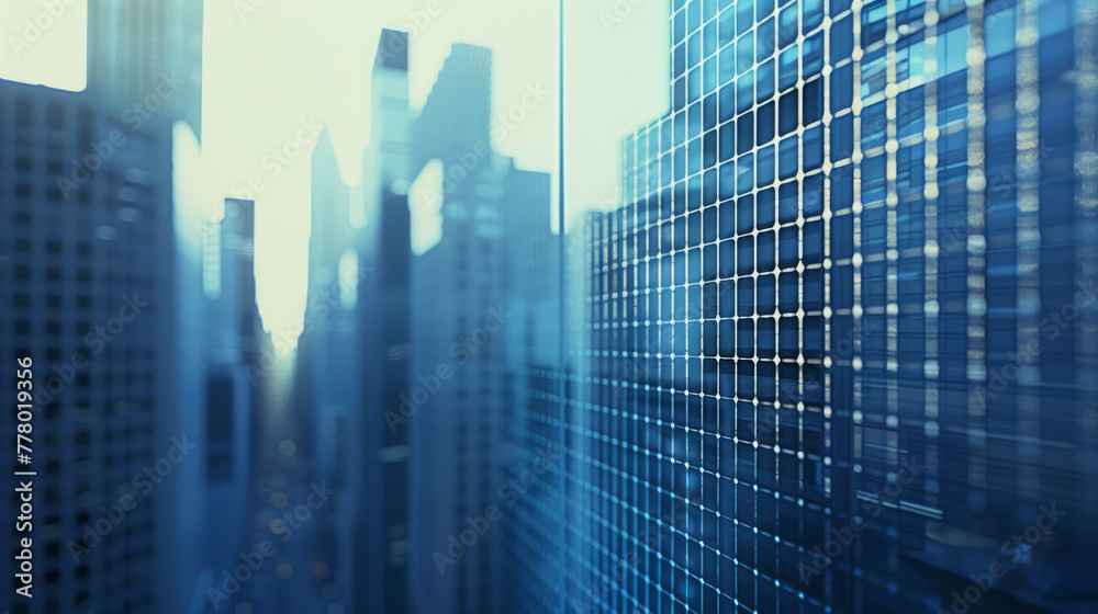 A stock photo of an abstract background featuring office buildings in the style of double exposure. 