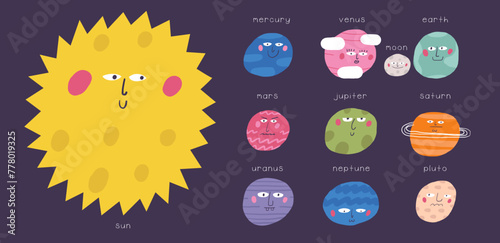 Cute space funny hand drawn doodle solar system planets, Mercury, Venus, Earth, Mars, Jupiter, Saturn, Uranus, Neptune, Pluto. Cosmic, universe night sky cover template banner poster