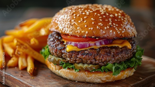 Hamburger and French Fries on Wooden Board