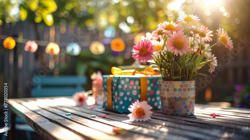 Wooden Table With Vase of Flowers