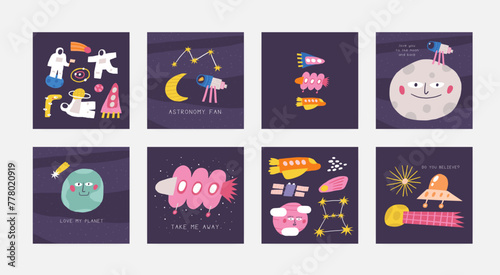 Cute space postcard with funny hand drawn doodle astronaut, earth, moon, spaceship, comet, constellation. Cosmic, universe, night sky cover, template, banner, poster, print. Cartoon style background, 