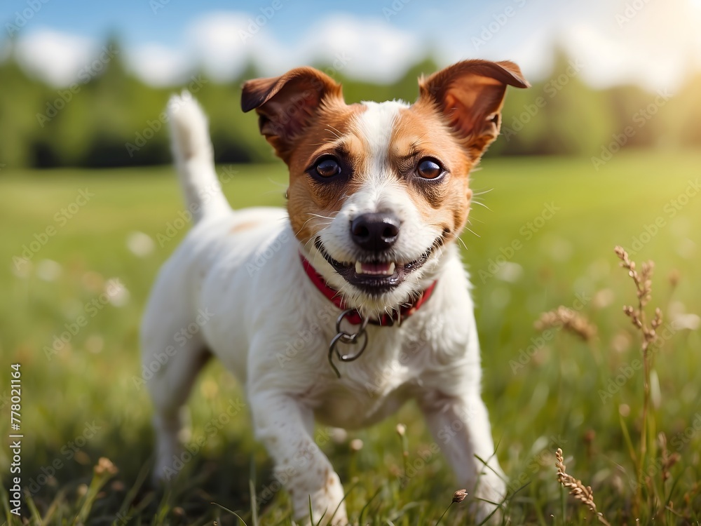 Cute white Jack Russell Terrier puppy sits alert on green grass