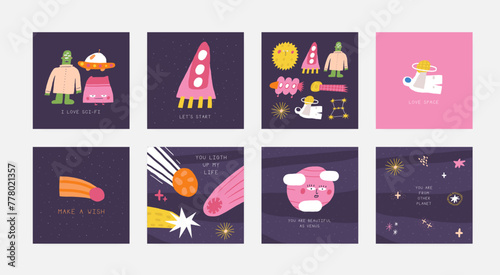 Cute space postcard with funny hand drawn doodle rocket, cosmonaut, comet, venus, alien. Cosmic, universe, night sky cover, template, banner, poster, print. Cartoon style background, t shirt print com