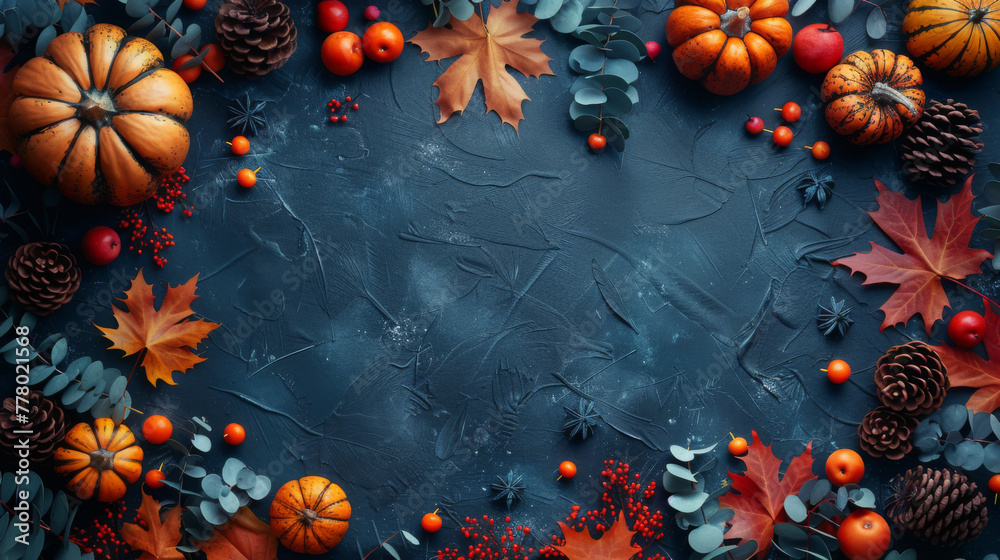 Thanksgiving and Autumn decoration concept made from autumn leaves and pumpkin on dark background. Flat lay, top view with copy space. Thanksgiving and Autumn decoration concept made from autumn leaves and pumpkin on dark background. Flat lay, top view with copy space.