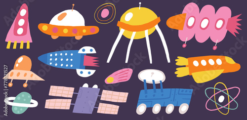 Cute cosmos, space, universe transportation set. Funny hand drawn doodle aircraft, vehicle, spacecraft, galaxy, technology, spaceship, ufo Night sky theme background