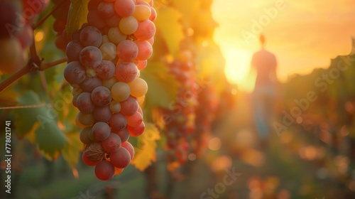 Sunlit clusters of ripe grapes in a vineyard with a blurred vigneron in the background.