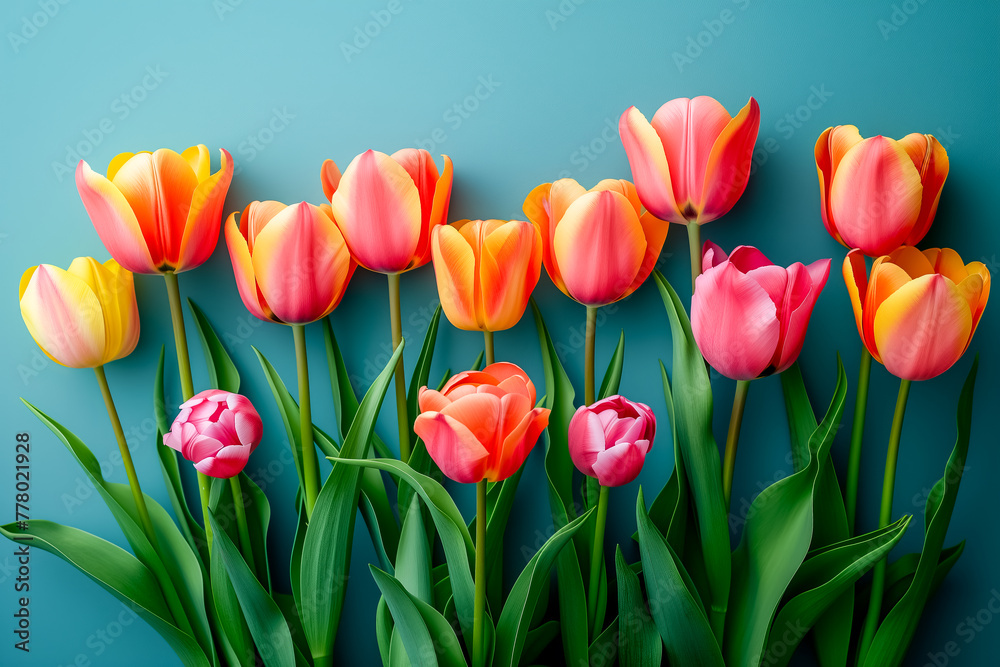 Fresh spring tulip flowers as a holiday postcard design color background with space for text