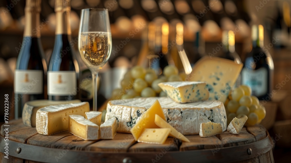 A selection of fine cheeses paired with a glass of white wine, set against a backdrop of wine bottles.