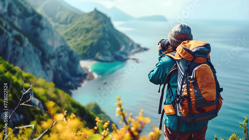 travel adventure and lifestyle concept, person photographing landscape, hiking, scenic nature background
