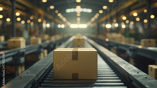 Cardboard box on a conveyor belt in a modern industrial factory 3D rendering