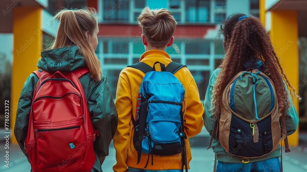 three teenagers, boy and two girls, with backpacks standing in front of the school, back view, 