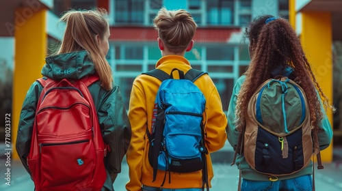 three teenagers, boy and two girls, with backpacks standing in front of the school, back view, 